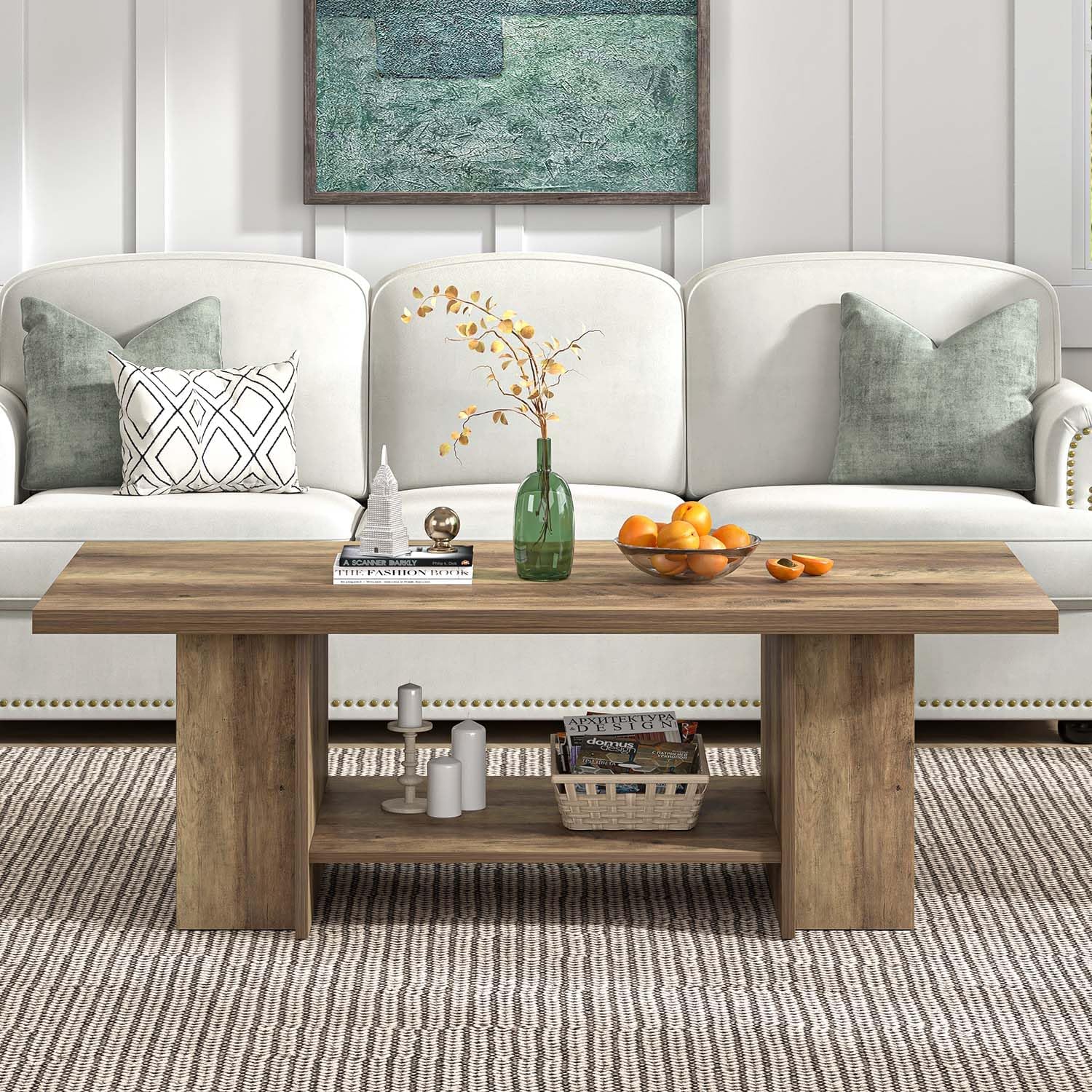 FOLUBAN Wood Coffee Table, Modern Center Table for Living Room with Bottom Storage Shelf & Side Shelves, 2-Tier Rectangle Cocktail Tea Table for Home Decor, 47 Inch, Rustic Oak