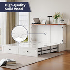 ijuicy Queen Murphy Bed with Mattress Included, Farmhouse Cabinet Bed with Storage Drawer & Charging Station, Foldable Space-Saving Murphy Beds for Guest Bedroom, Living Room (White & Brown)