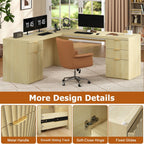 69" Modern L Shaped Executive Desk with Charging Station & File Drawer, Fluted Wood Home Office Corner Desk with Storage Drawers and Cabinet, Large Corner Computer Desk Writing Desk, Natural Oak