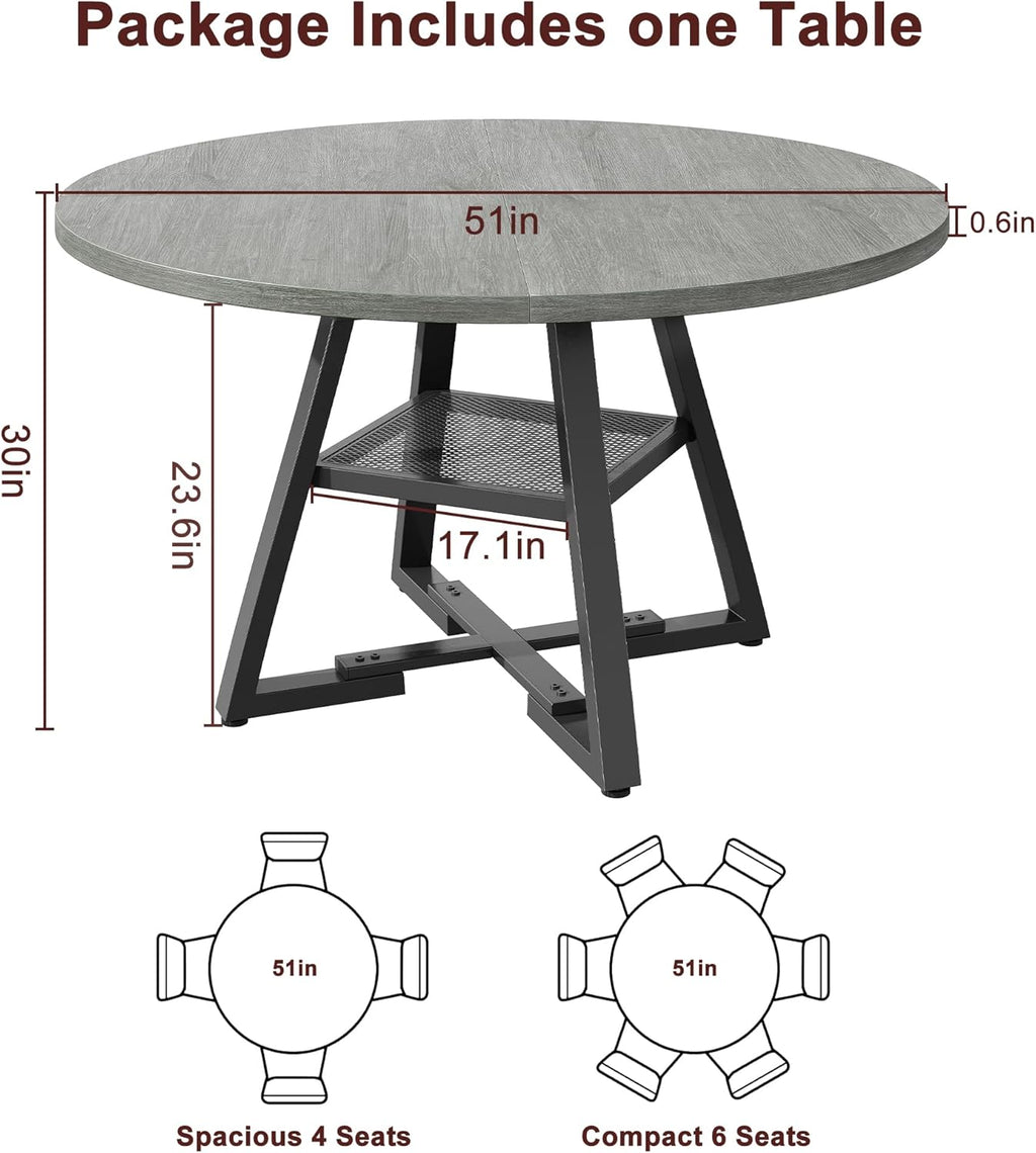 Jocoevol 51" Round Dining Table for 6,Kitchen Dining Room Circle Dinner Pedestal Table,Space Saving Wood Kitchen & Dining Room Furniture (Grey, 51In)