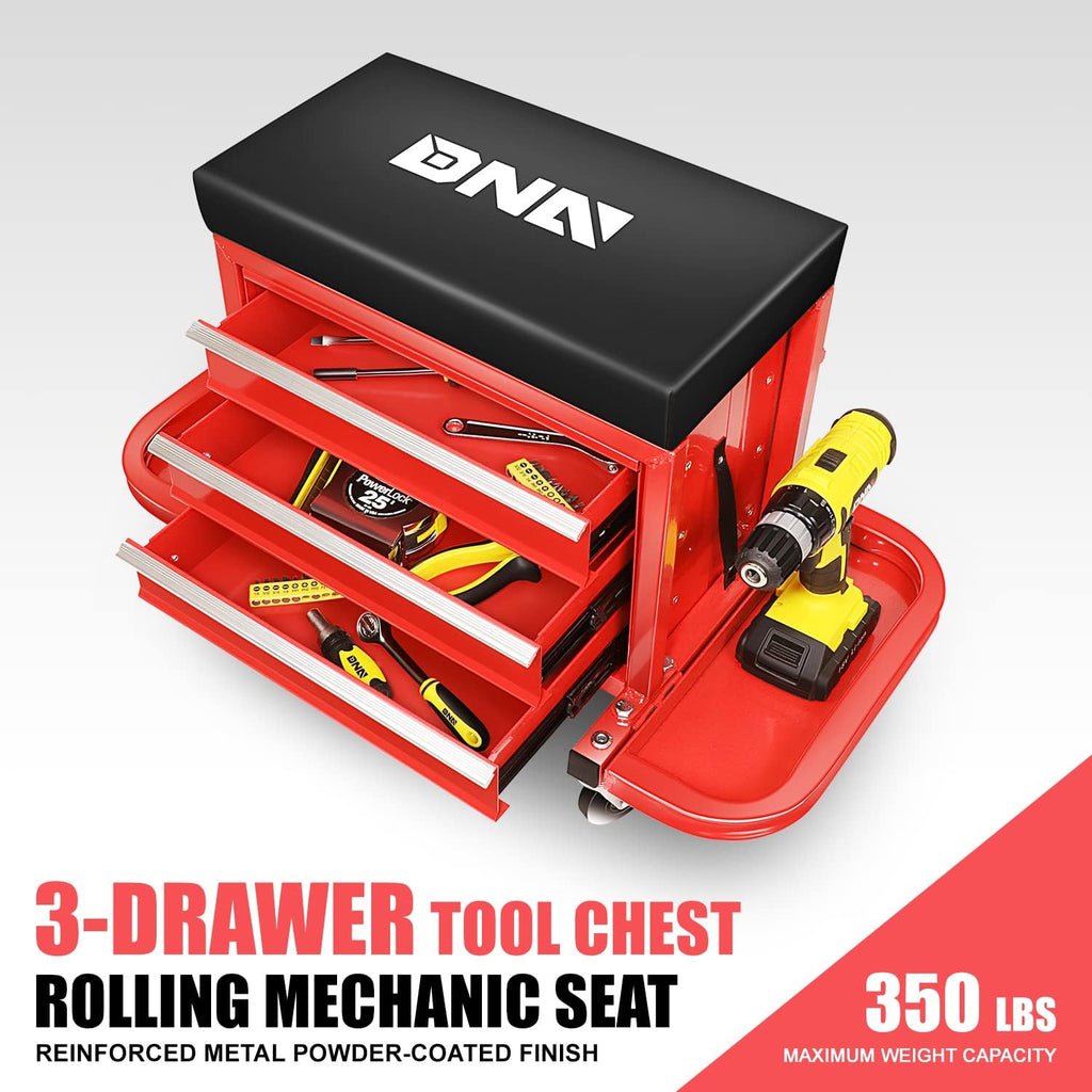 DNA Motoring TOOLS-00261 3-Drawer Tool Chest Rolling Mechanic Seat with Tool Trays,350lbs Max Weight Capacity,Red