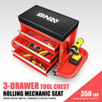 DNA Motoring TOOLS-00261 3-Drawer Tool Chest Rolling Mechanic Seat with Tool Trays,350lbs Max Weight Capacity,Red