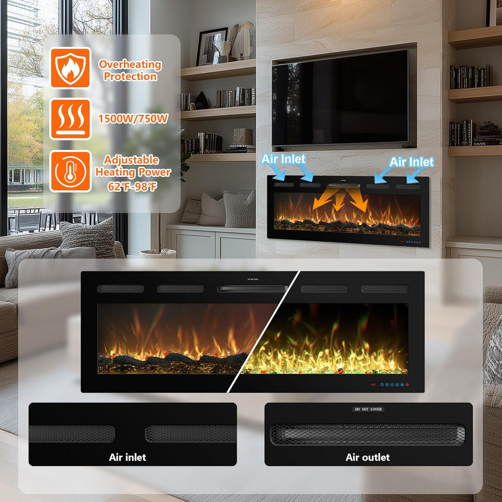 50 Inch WiFi Electric Fireplace Heater with Sound, Wall Mounted, Recessed or Free‑Standing, 750/1500W, 13 Flame & Fuel Bed Colors, Dimmable, Remote & App Control, Alexa & Google Home