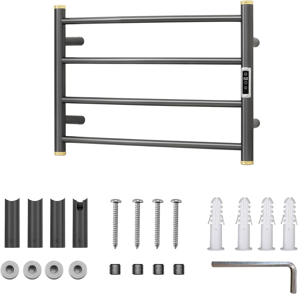 Electric Towel Warmer Rack,Heating Towel Warmer,Timer & Temperature Control,Wall-Mounted Plug-in for Bathroom, Gunmetal Grey,Stainless Steel,4-Bar(16.54x23.62x5.51in)