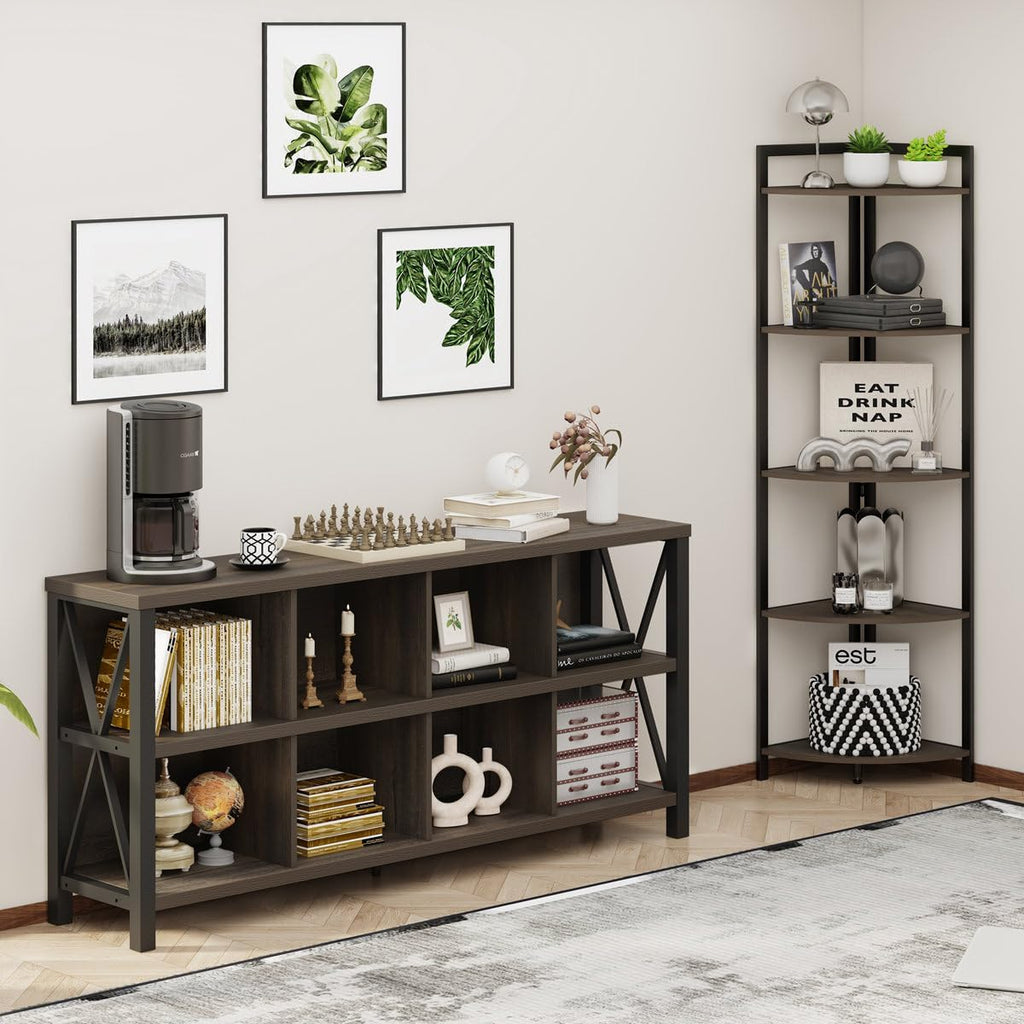 FATORRI 8 Cube Storage Organizer Bookshelf, 62 Inch Rustic Wood Horizontal Bookcase, Industrial Cube Long Book Shelf for Living Room (Walnut Brown)