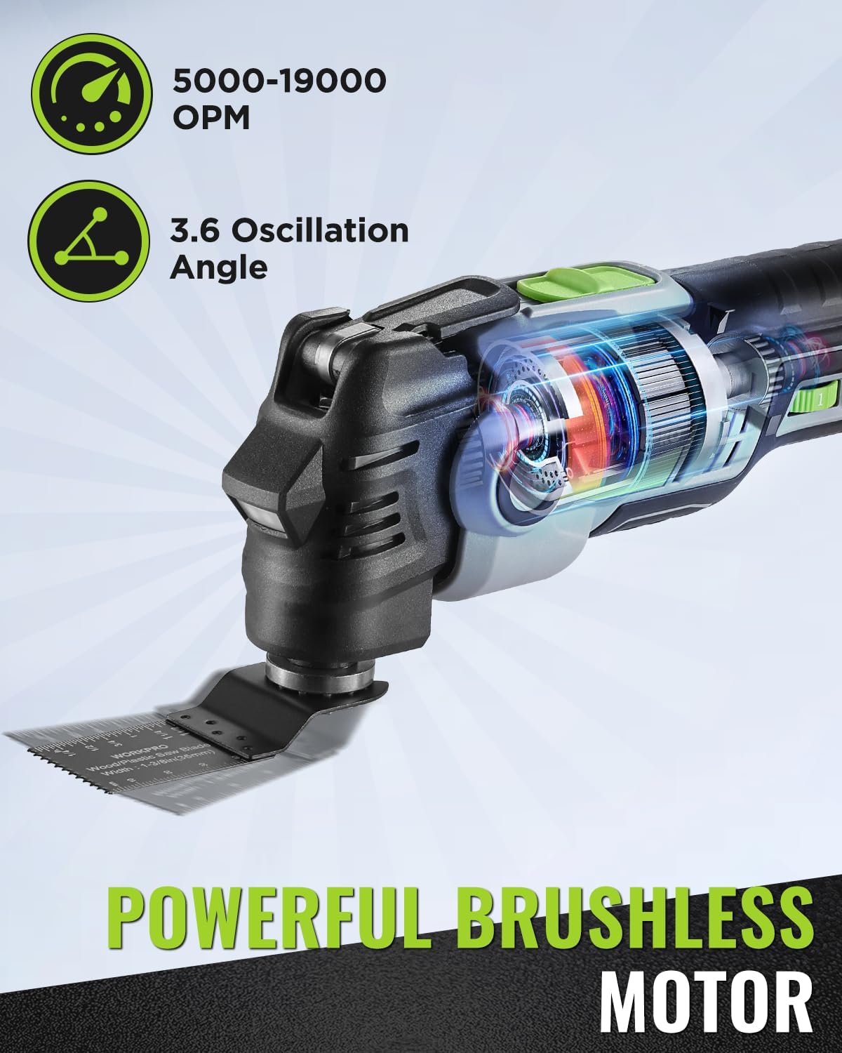 WORKPRO 20V Oscillating Tool Kit, Cordless and Brushless 19,000 RPM Orbiting Multi Tool with 6 Variable Speeds, 3.6°Oscillation Angle, 21pcs Saw Accessories, 1 Rechargeable Battery and Carrying Bag