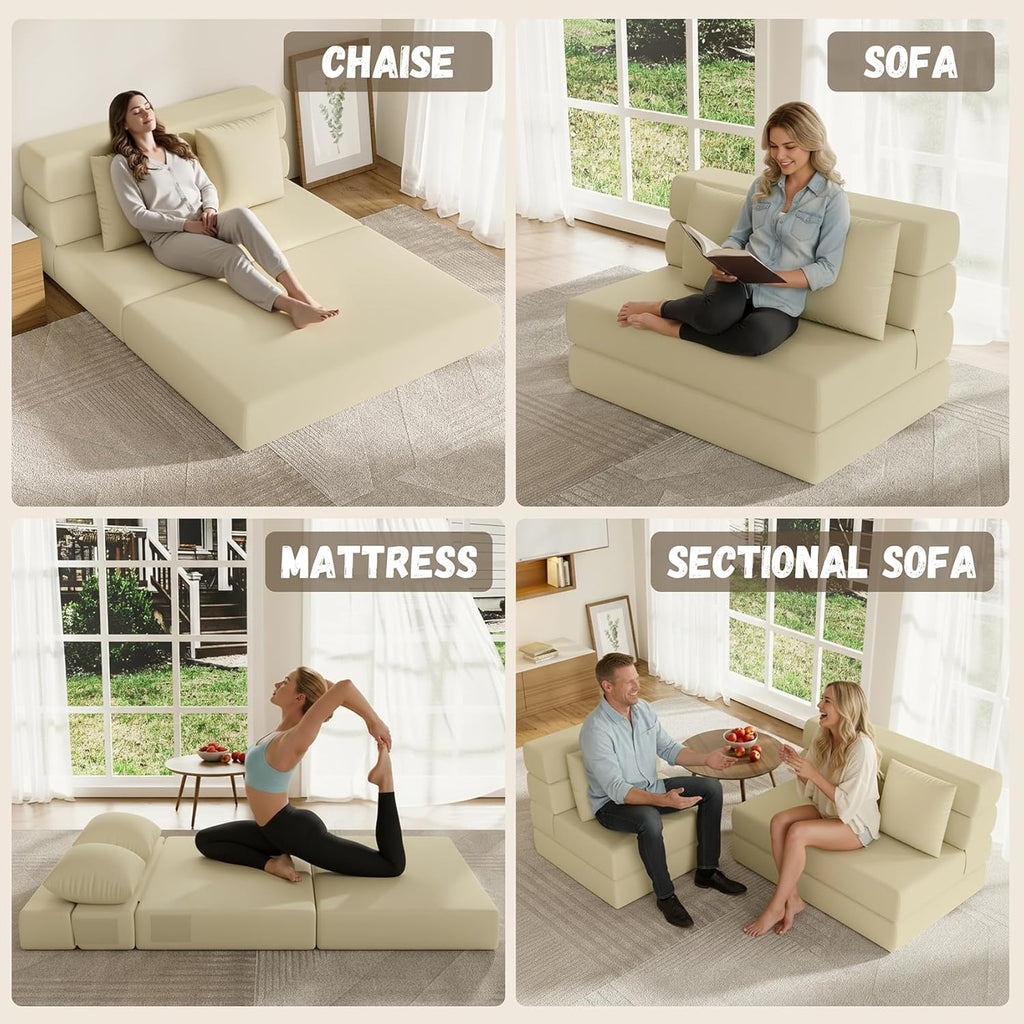 Folding Sofa Bed, Convertible Sleeper Chair & Couch Bed with Pillow, One-Piece High-Density Sponge Mattress, Multi-Purpose Floor Sofa for Living Room, Office, Dorm, Apartment, Beige, Single