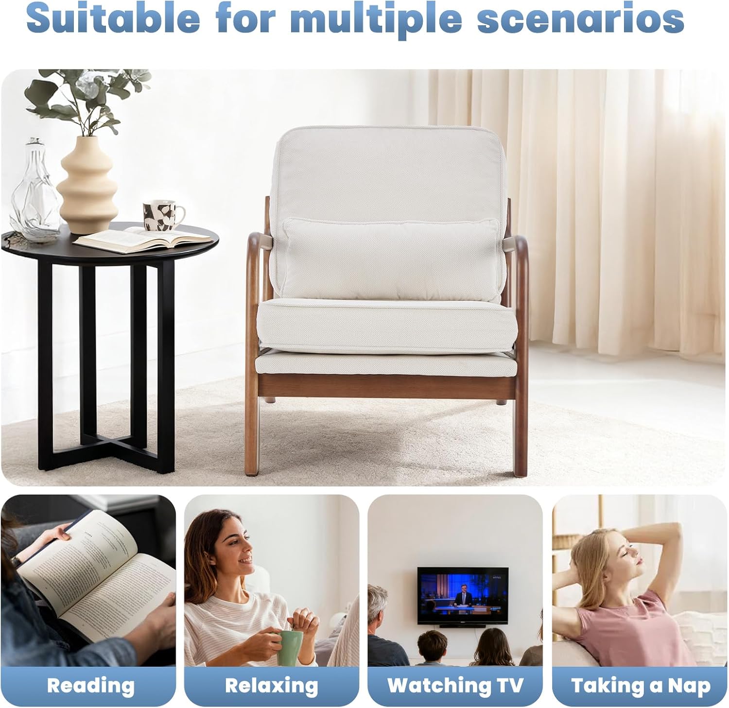 DUMOS Mid Century Modern Chair, Accent Chair with Arms and Waist Cushion, Reading Chairs for Adults, Lounge Chair for Living Room and Bedroom, Solid Wooden Frame, Cream