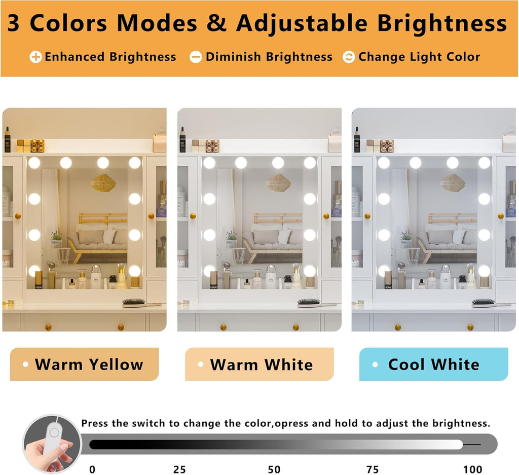 Vanity Desk with Mirror and Lights, 43" White Makeup Vanity Set with 5 Drawers & Glass Cabinets, Makeup Tray, Power Outlet & Adjustable LED Lights, Dressing Table for Women & Girls Bedroom