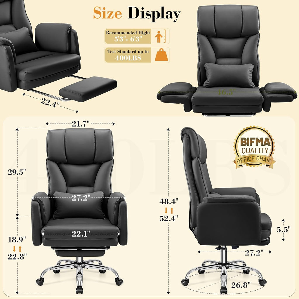 FelixKing Big and Tall Office Chair, 400LBS Wide Leather Executive Chair, Reversible Armrest for Pets Criss Cross Legged, 135° Reclining High Back Gaming Desk Chair with Lumbar Support Footrest, Black