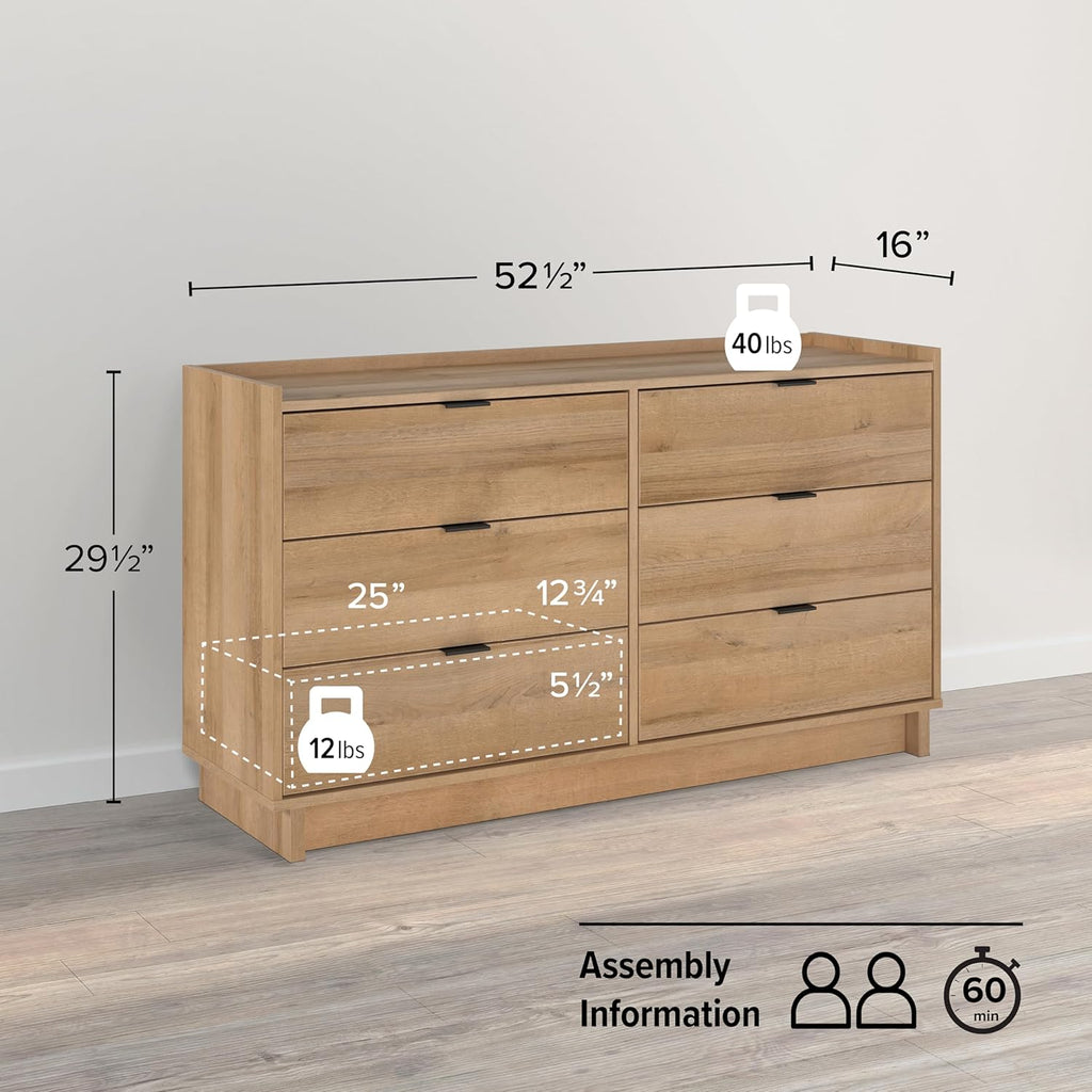 Prepac Simply Modern 6-Drawer Double Dresser for Bedroom, Chest of Drawers, Modern Bedroom Furniture, 52.5” Wide x 16” deep x 29.5” Tall, Oak