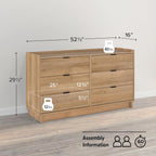 Prepac Simply Modern 6-Drawer Double Dresser for Bedroom, Chest of Drawers, Modern Bedroom Furniture, 52.5” Wide x 16” deep x 29.5” Tall, Oak