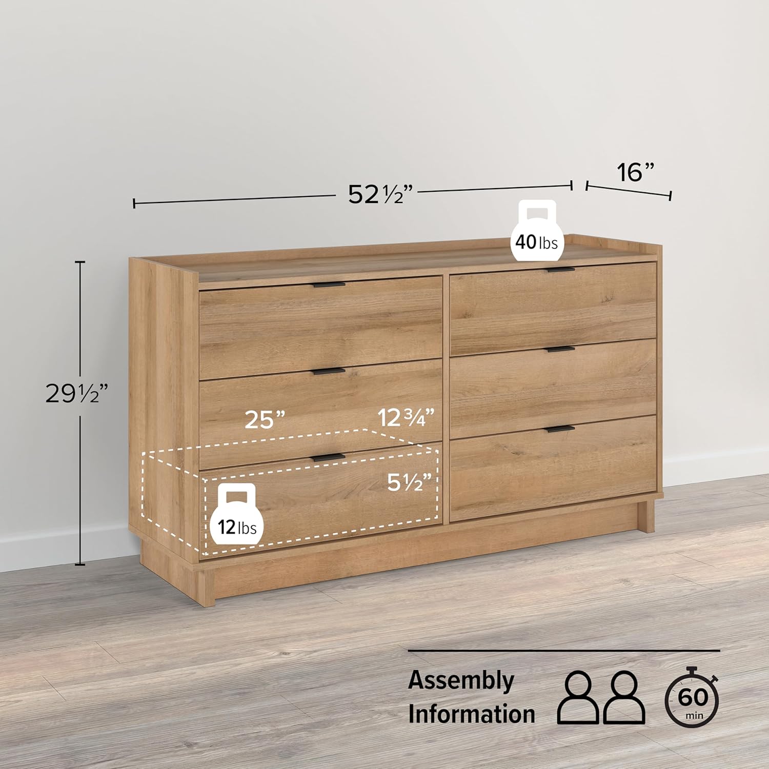 Prepac Simply Modern 6-Drawer Double Dresser for Bedroom, Chest of Drawers, Modern Bedroom Furniture, 52.5” Wide x 16” deep x 29.5” Tall, Oak