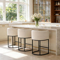 26" Counter Height Bar Stools Set of 3, Linen Fabric Upholstered Kitchen Counter Bar Stools, Modern Barrel Accent Barstools for Island with Backrest and Arms, Black Metal Frames, Linen