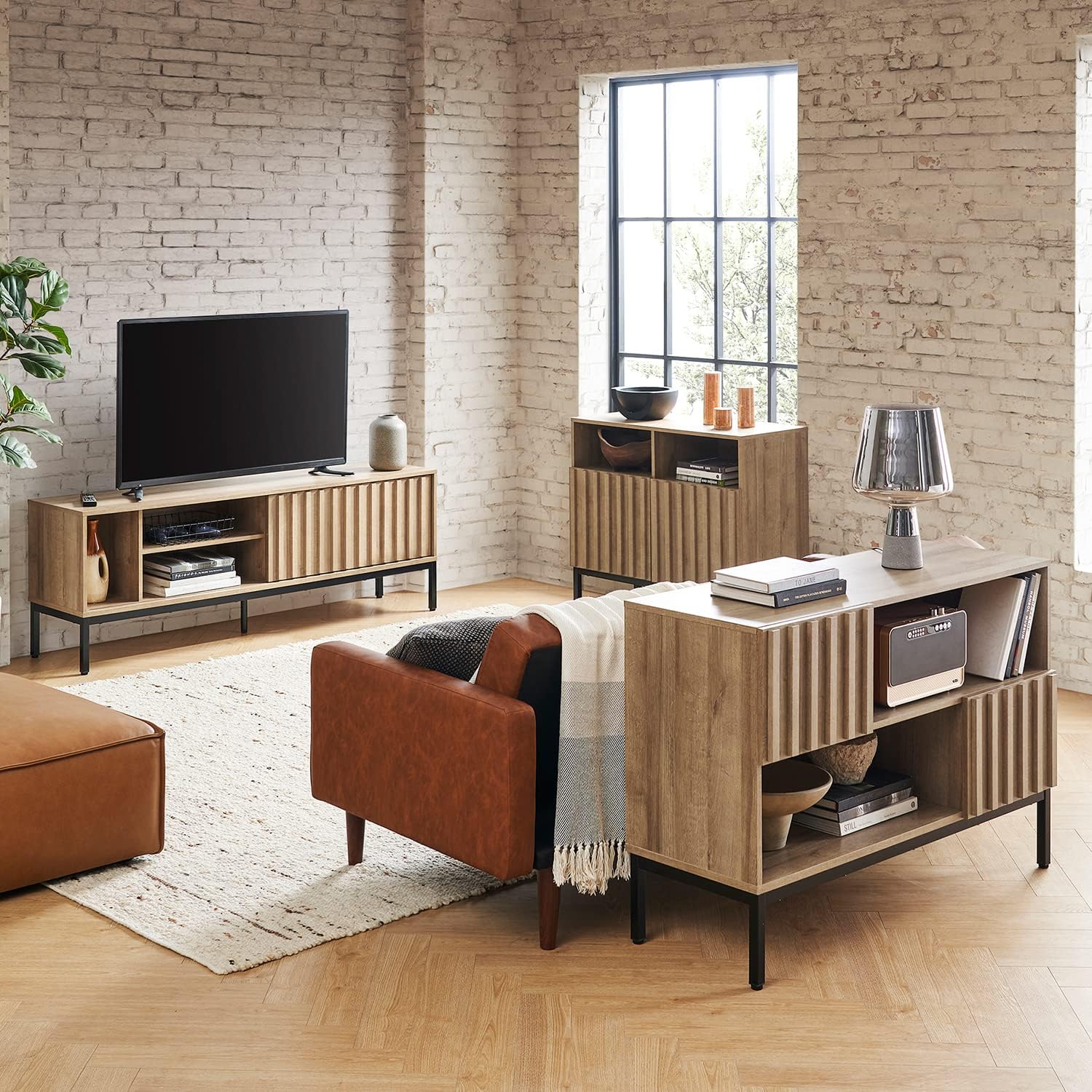mopio Norwin Entryway Table, Sturdy Modern Rustic Industrial Farmhouse Sofa Table, Display Storage Shelf, Accent Cabinet, Oak Wood TV Stand, Entertainment Center, Media Console, Living Room (Single)
