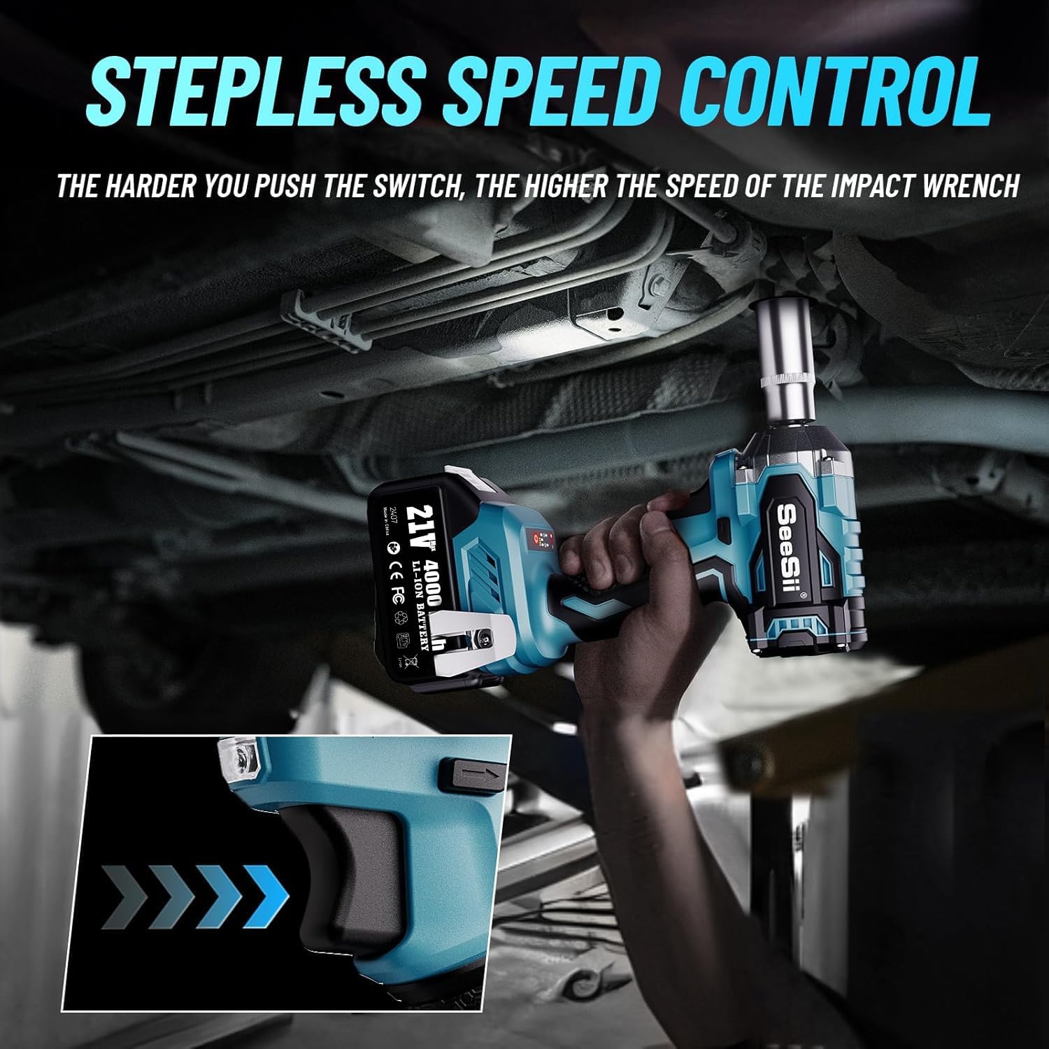Seesii 3/8" Cordless Impact Wrench, Power Impact Gun w/Max Torque 330Ft-lbs(450N.m), 4.0Ah Rechargable Battery & 4 Sockets, Compact Power Impact Wrench for Lightduty Work Car Home,WH450