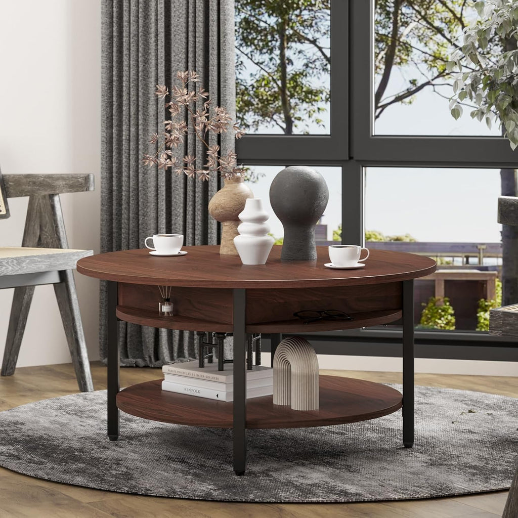 FABATO Round Lift Top Coffee Table with Storage and Hidden Compartment, 26.77'' Farmhouse Coffee Table for Living Room Reception Room, 2 Tier Small Round Coffee Table Circle Dining Table, Espresso
