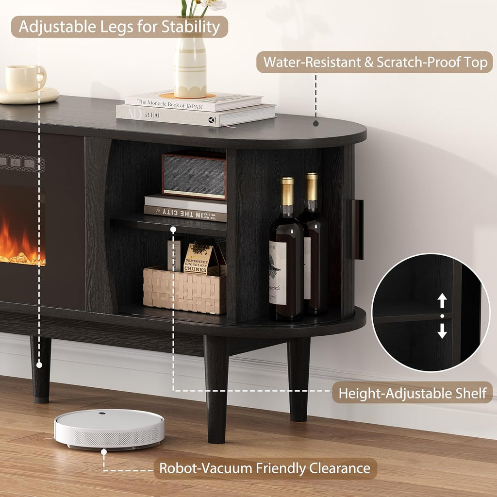 70″ Fluted Fireplace TV Stand for 80″ TVs, Remote & Touch Control, Adjustable Flame Colors & Temperature Entertainment Center with Storage, Modern Media TV Console Table for Living Room (Black)