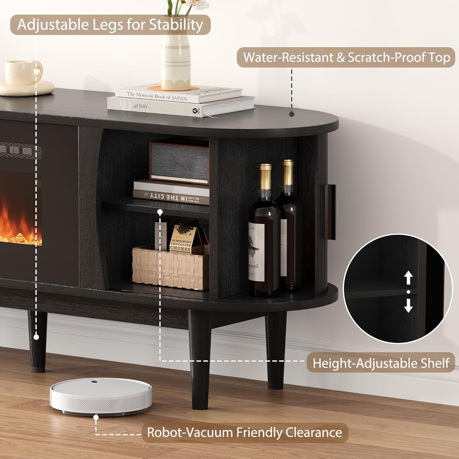 70″ Fluted Fireplace TV Stand for 80″ TVs, Remote & Touch Control, Adjustable Flame Colors & Temperature Entertainment Center with Storage, Modern Media TV Console Table for Living Room (Black)