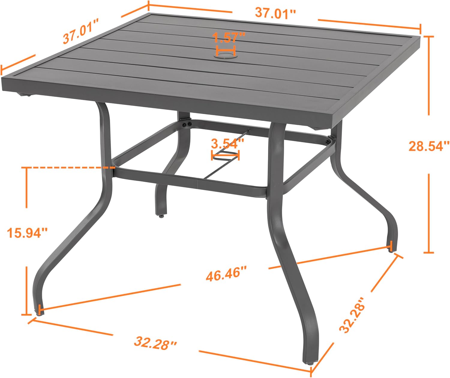 NUU GARDEN 37" Outdoor Patio Table, Square Steel Slat Dining Table for 4 with 1.57" Umbrella Hole, Powder-Coated Iron Frame and Slatted Top for Patio, Garden and Balcony, Gray