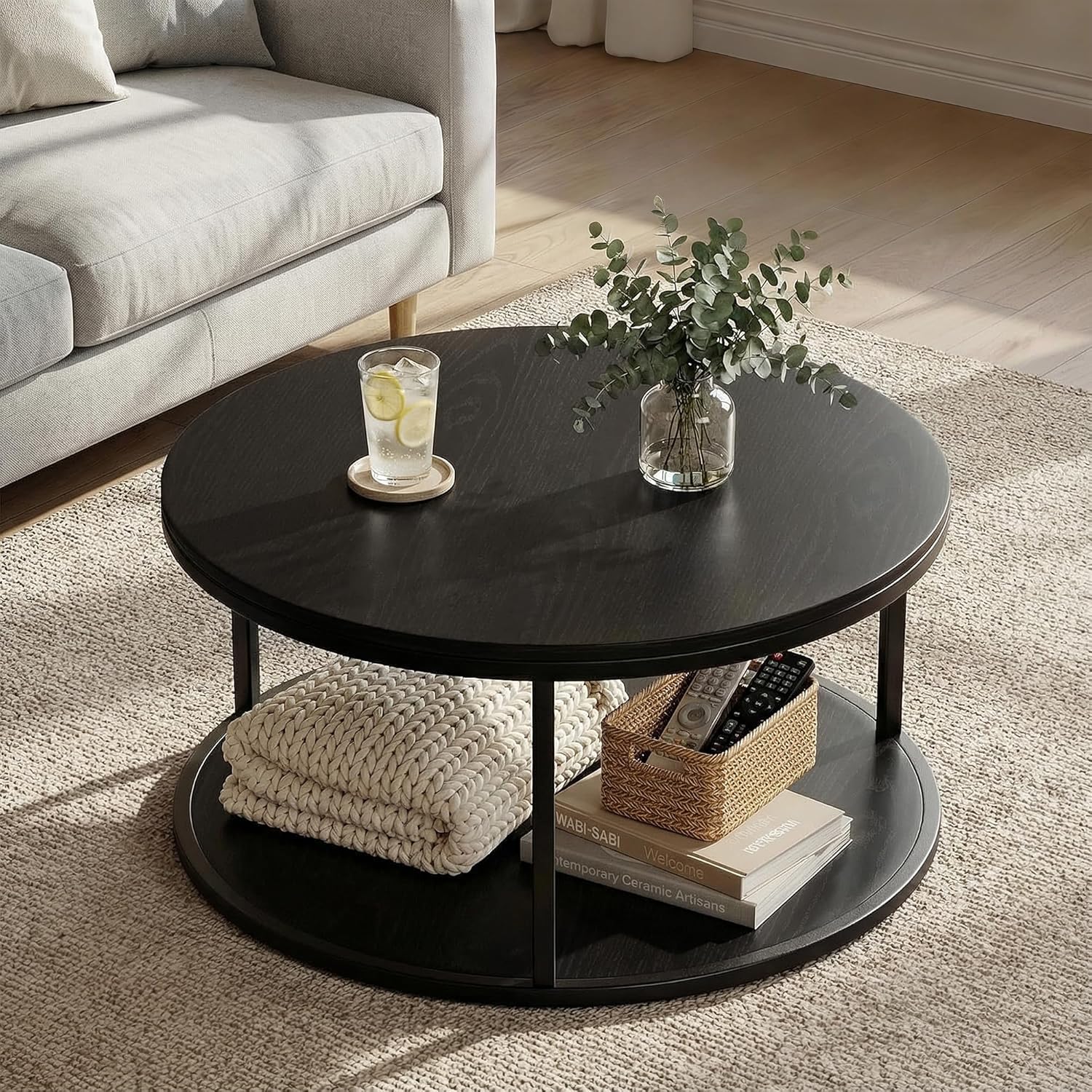 YESHOMY 36" Round Coffee Table, 2-Tier Wood Center Table with Storage Shelf, Heavy-Duty Metal Frame, Easy Assembly, Ideal for Living Room & Small Spaces, Black