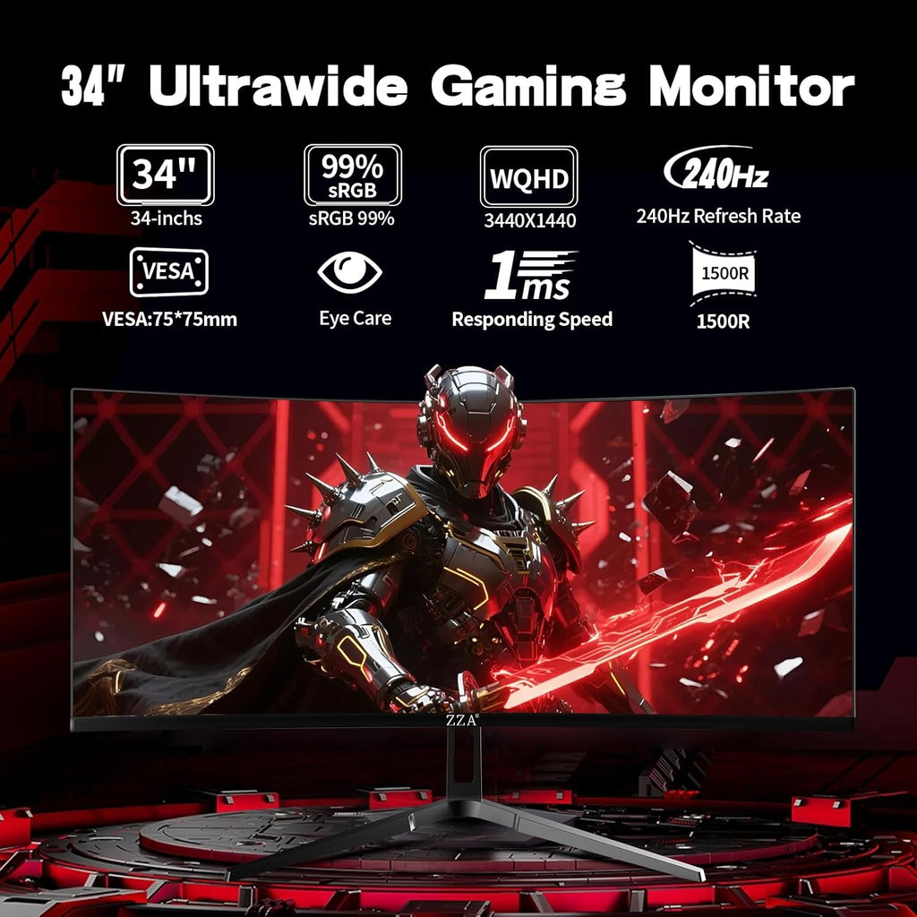 ZZA 34 Inch Curved Monitor  Gaming Monitor 240HZ 1500R 3440 * 1440P  Ultra Wide Computer Monitors with FreeSync HDR10  1ms PC Screen Eye Care  Borderless Design Support Wallmount 75x75mm