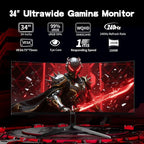 ZZA 34 Inch Curved Monitor  Gaming Monitor 240HZ 1500R 3440 * 1440P  Ultra Wide Computer Monitors with FreeSync HDR10  1ms PC Screen Eye Care  Borderless Design Support Wallmount 75x75mm