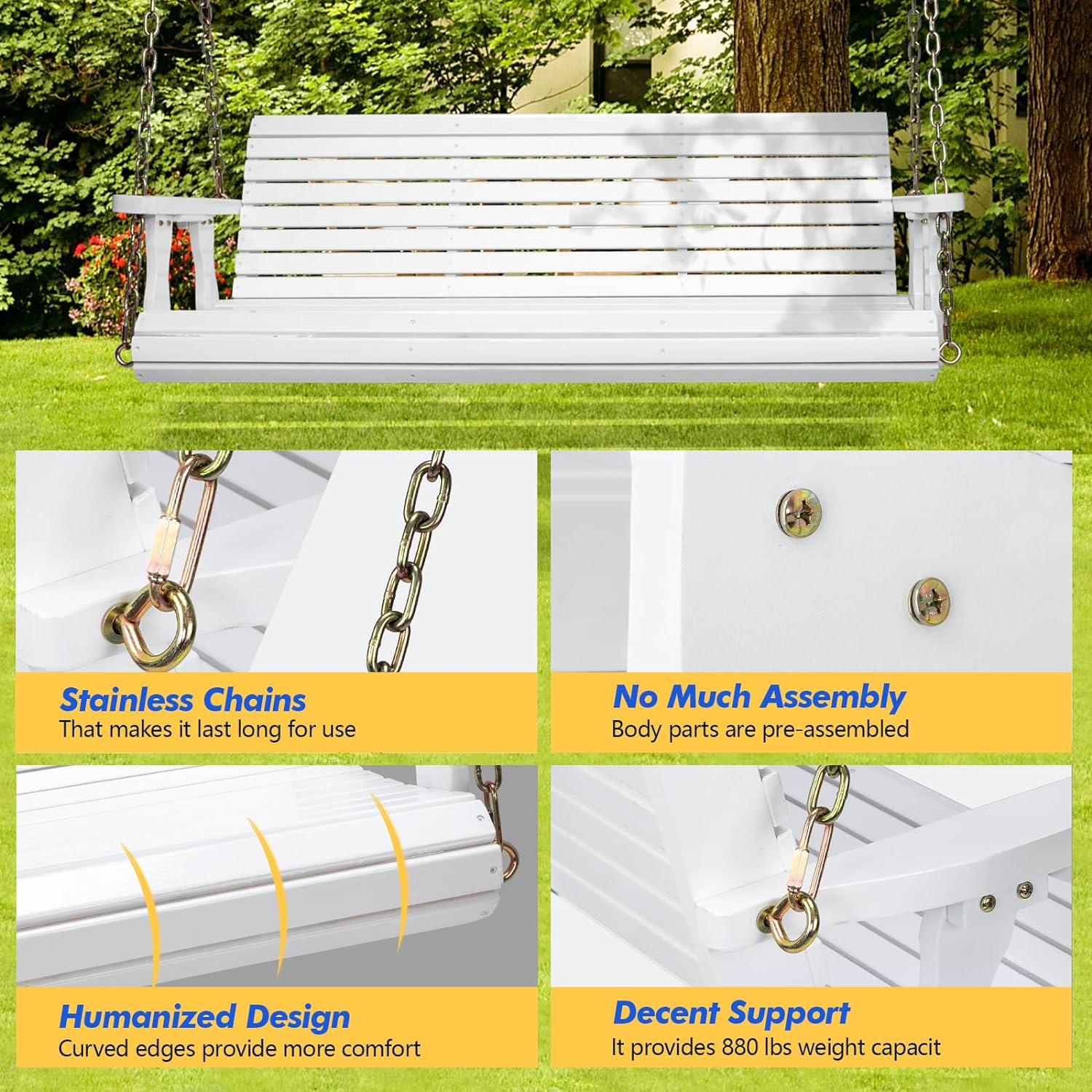 VINGLI Upgraded Patio Wooden Porch Swing for Courtyard & Garden, Heavy Duty 880 LBS Swing Chair Bench with Hanging Chains for Outdoors (5 FT, White)