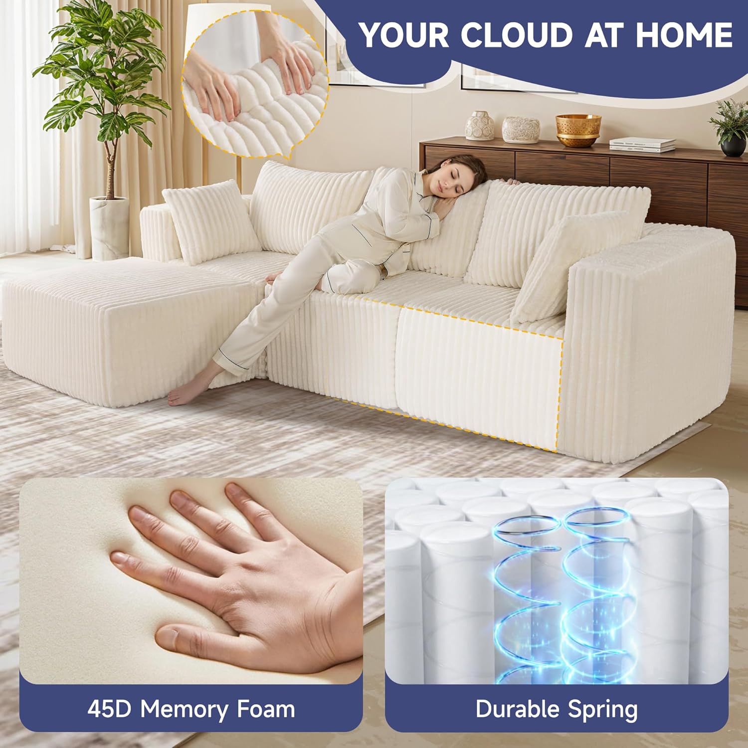 Modular Sectional Sofa, Cloud Couch with Extra-Wide Deep Seats, No-Assembly Plush Corduroy Sleeper Sofa for Living Room or Apartment (Light Cream, L-Shaped:3+1)