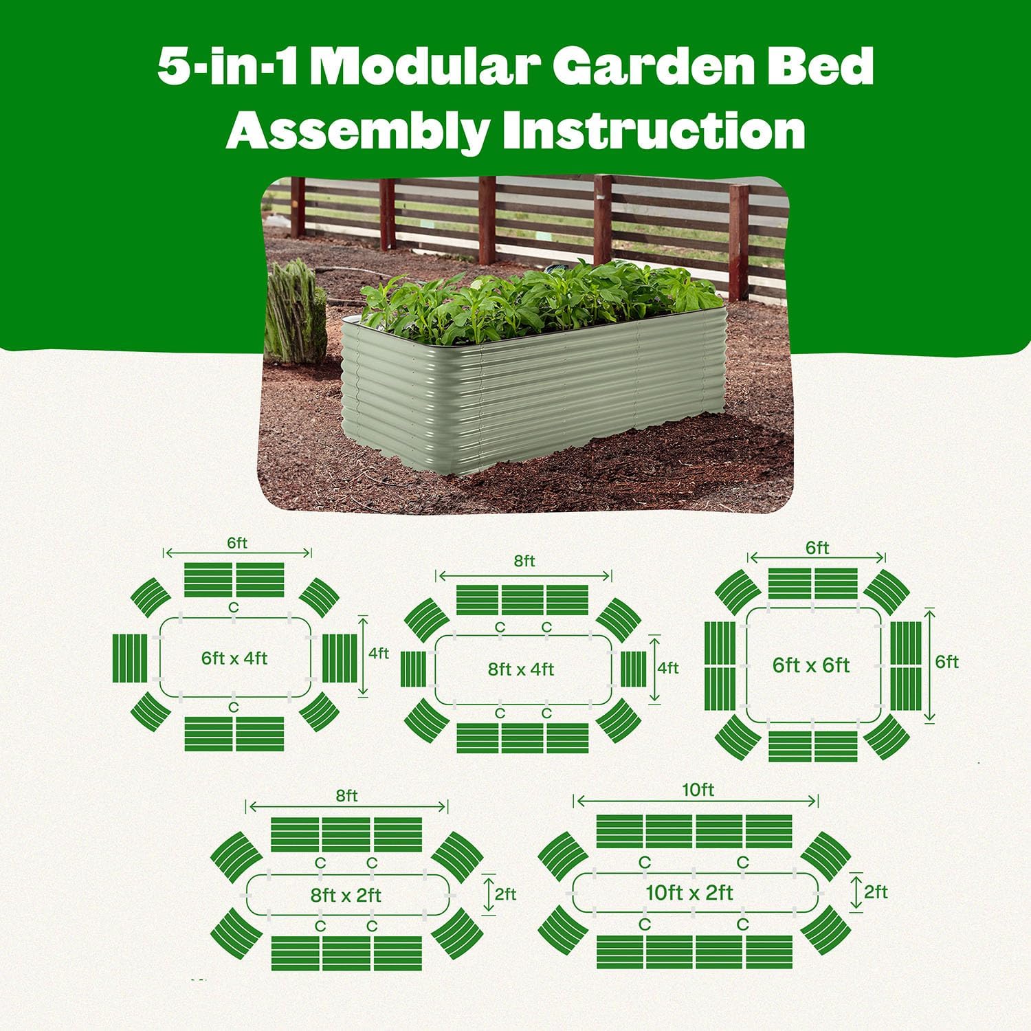 Epic Gardening 5-in-1 Modular Galvanized Raised Garden Bed Kit  29" Tall Food-Safe Metal Planter Box  Large Raised Garden Beds Outdoor for Vegetables  Flowers  Herbs & Fruits - Mist Green