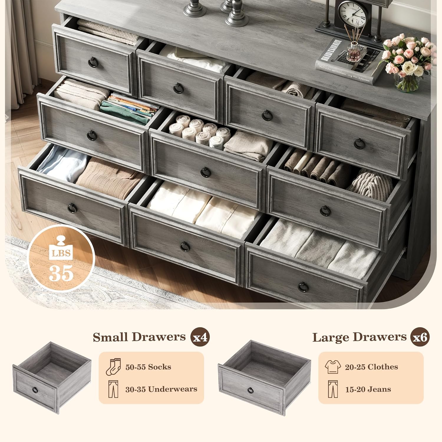 Grey 10 Drawer Dresser & TV Stand, 59" Large Dresser for Bedroom, Wooden Chests of Drawers, Rustic Storage Dressers Organizer for Bedroom, Hallway