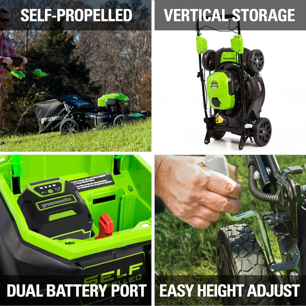 Greenworks 40V 21" Self-Propelled Lawn Mower Axial Leaf Blower(500 CFM / 120 MPH) 13" String Trimmer with 2 Batteries(5Ah+2Ah) & Chargers