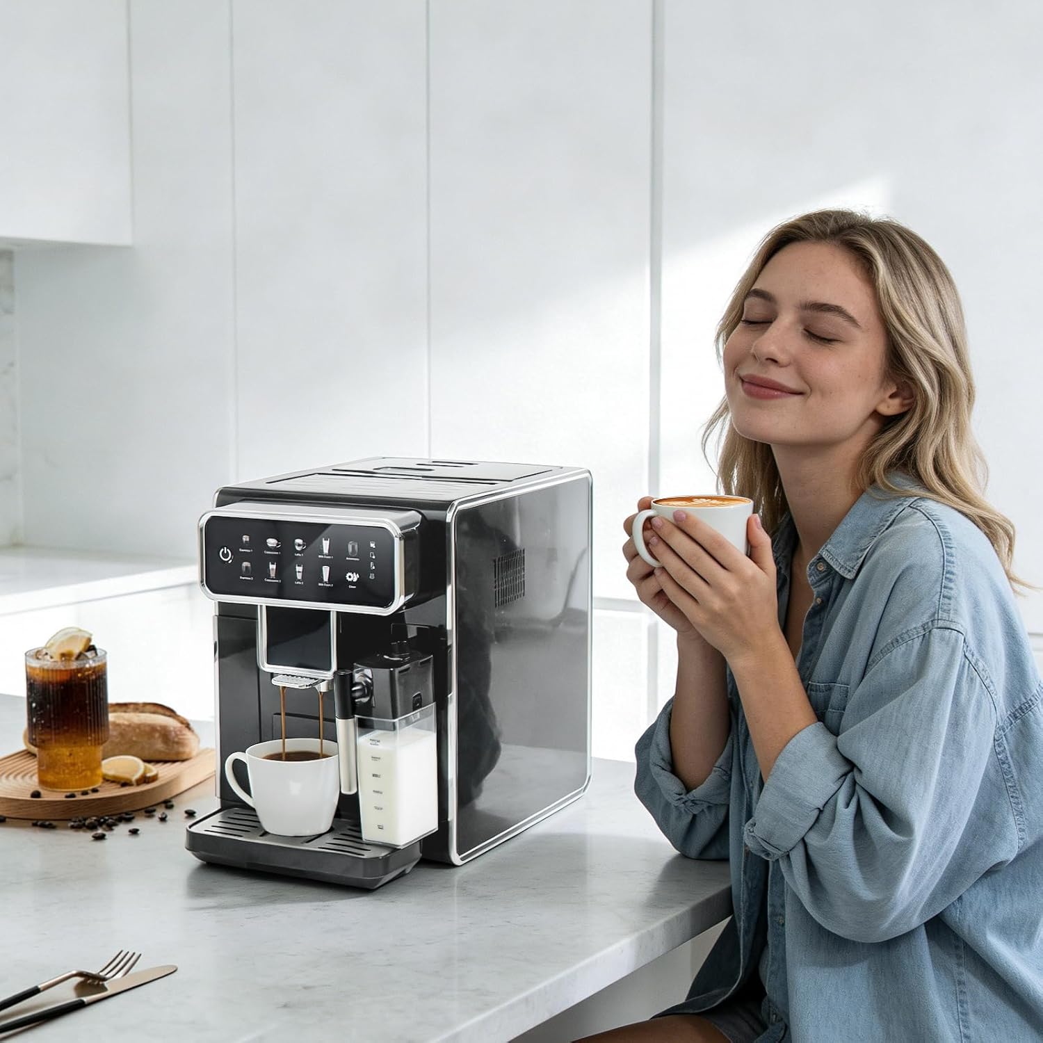 Automatic Espresso Machine with Grinder and Milk Frother - Auto Coffee Maker with 7 One-Touch Coffee Recipes for Latte, Cappuccino, Americano, Iced and Hot Coffee (Grey coffee machine)