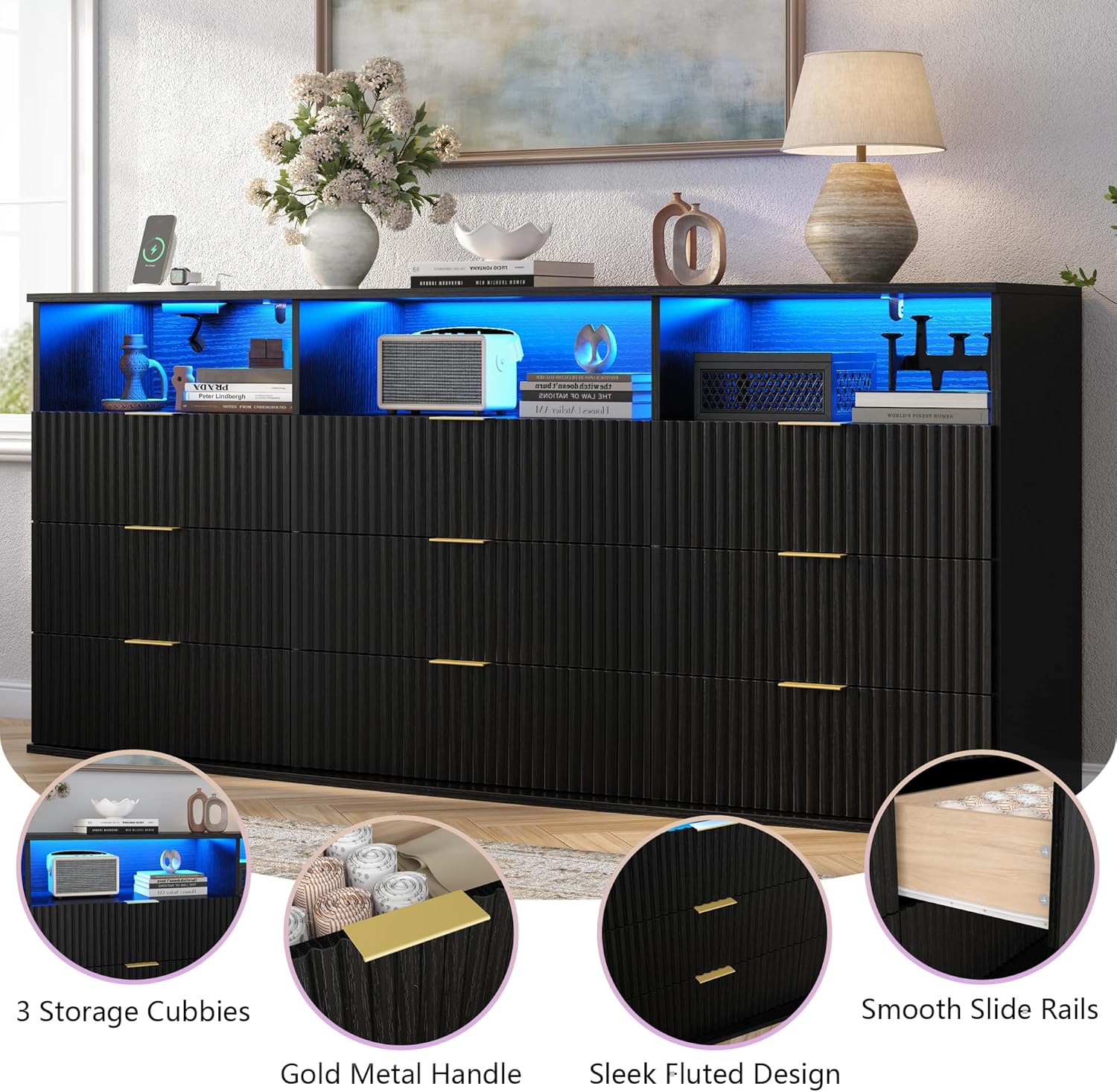 Fluted 9 Drawer Dresser with LED Lights, Modern Black Chest of Drawers with Power Outlet & Curved Top, Wood Dresser TV Stand, Black Double Dresser for Bedroom, Hallway, Living Room