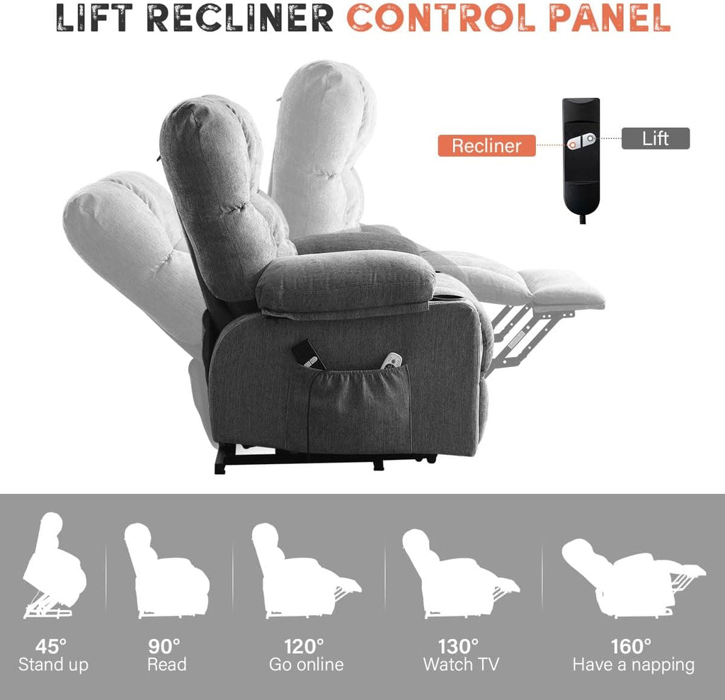 BOSMILLER Power Lift Recliner Chair with Massage and Heat for Elderly, Electric Recliner Single Sofa with Two Cup Holders, Extended Footrest, Side Pocket and USB Charge Port for Living Room
