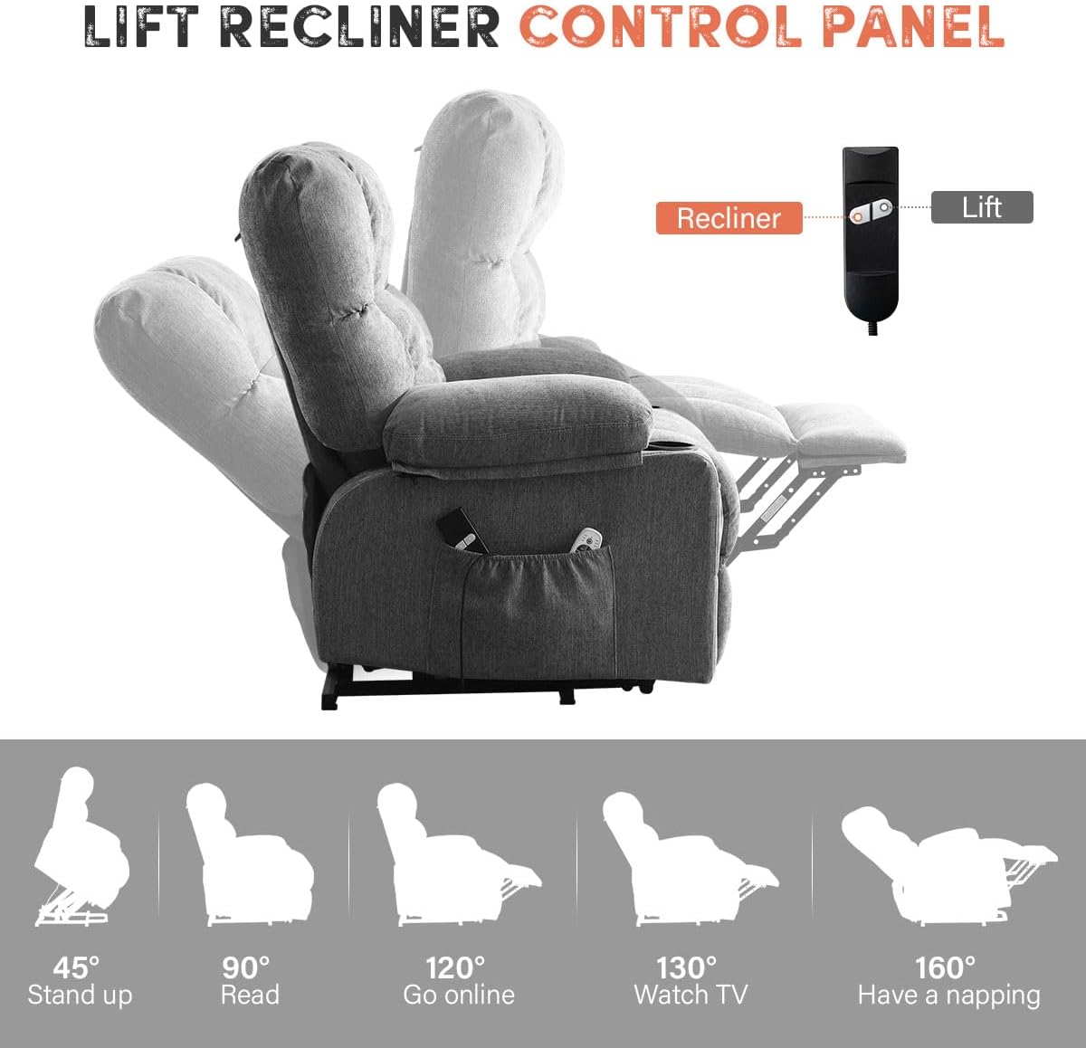 BOSMILLER Power Lift Recliner Chair with Massage and Heat for Elderly, Electric Recliner Single Sofa with Two Cup Holders, Extended Footrest, Side Pocket and USB Charge Port for Living Room