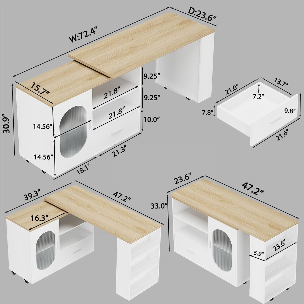 HSH 72.4” Rolling Kitchen Island with Swivel Table, Storage Cabinet, Drawers & Shelves, White Modern Mobile Island Cart on Wheels, Farmhouse Wood Island Table for Kitchen, Dining Room, Home Bar