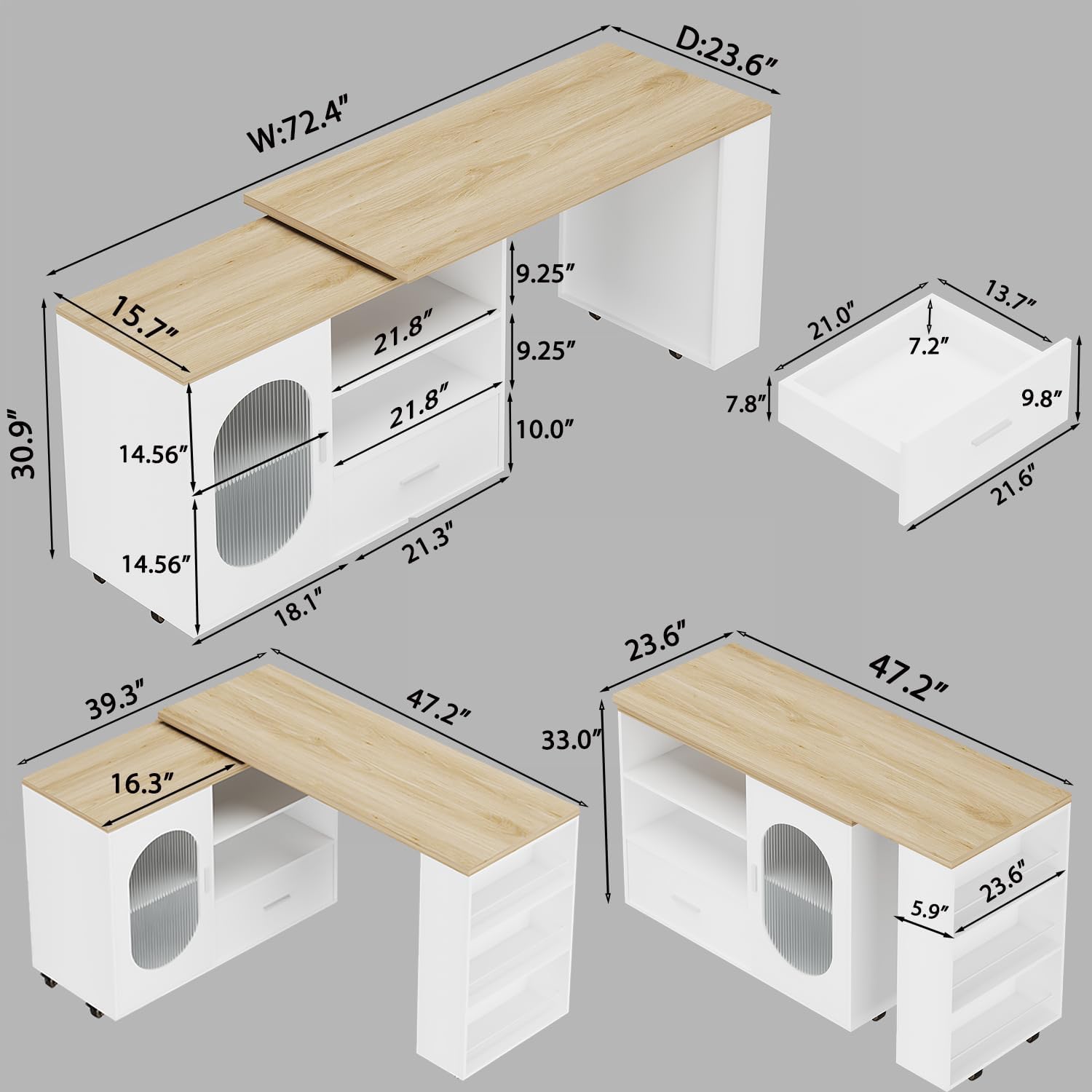 HSH 72.4” Rolling Kitchen Island with Swivel Table, Storage Cabinet, Drawers & Shelves, White Modern Mobile Island Cart on Wheels, Farmhouse Wood Island Table for Kitchen, Dining Room, Home Bar