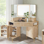 T4TREAM 48" Fluted Makeup Vanity Desk with HD Triple Mirror and Lights, Large Lighted Corner Vanity with Glass Top, Modern Dressing Table with 3 Drawers & 2 Cabinets for Bedroom, Natural Oak