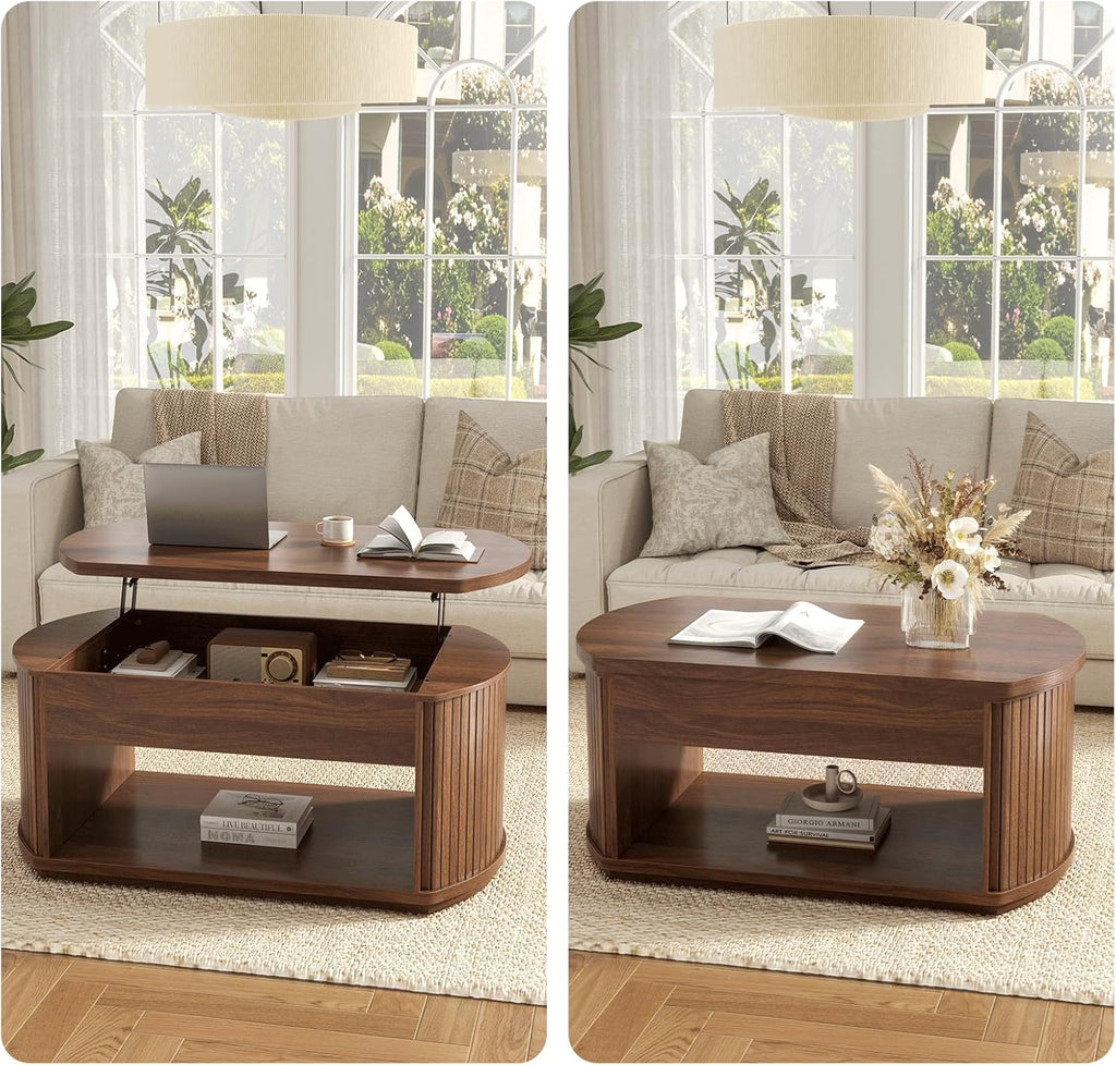 FABATO Oval Lift Top Coffee Table with Storage, Mid Century Modern Coffee Table for Living Room, 2 Tier Center Table with Lift-Top, 41.7" Fluted Wood Table for Reception Room, Home Office, Walnut