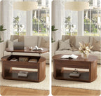 FABATO Oval Lift Top Coffee Table with Storage, Mid Century Modern Coffee Table for Living Room, 2 Tier Center Table with Lift-Top, 41.7" Fluted Wood Table for Reception Room, Home Office, Walnut