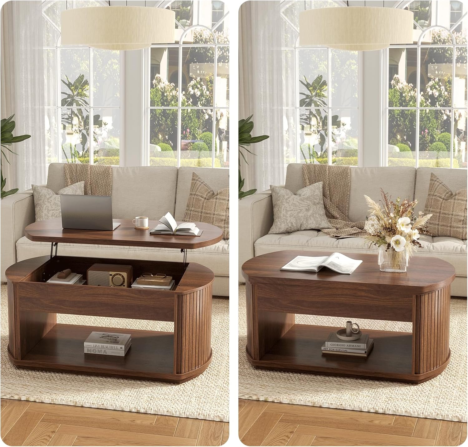 FABATO Oval Lift Top Coffee Table with Storage, Mid Century Modern Coffee Table for Living Room, 2 Tier Center Table with Lift-Top, 41.7" Fluted Wood Table for Reception Room, Home Office, Walnut