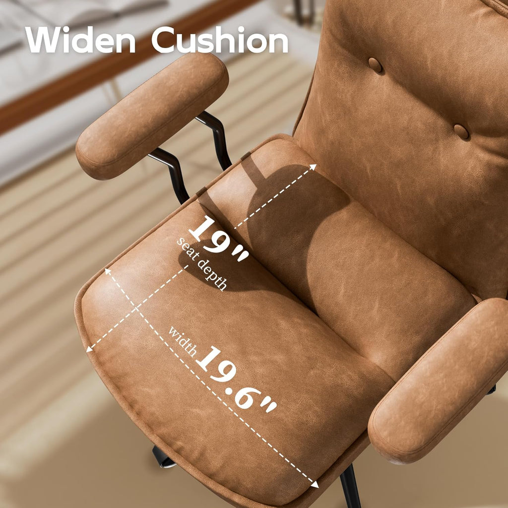 Brown Office Chair with Triple-Layers Thicken Wide Seat, Mid Back Leather Desk Chair with Wheels and Arms, Mid-Century Modern Computer Chair for Home Office
