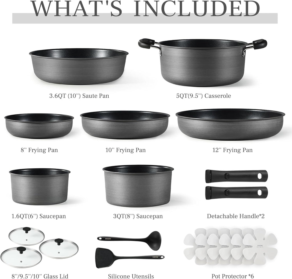 CAROTE 20pcs 4-Ply Premium Hard Anodized Pots and Pans Set Non Stick with Detachable Handle, Dishwasher/Oven Safe, RV Kitchen Cookware Set Nonstick, Induction Cookware, Large Capacity Pans and Pot Set
