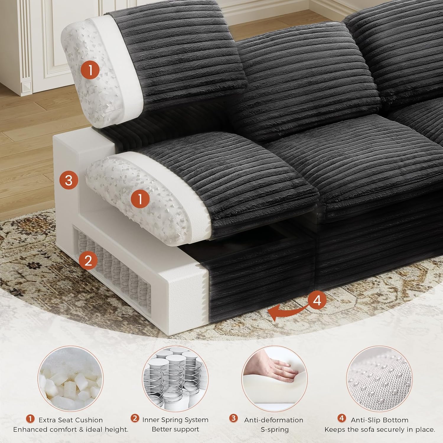 KKL 150" U Shaped Sectional Modular Boneless Sofa, 6 Seater Cloud Couch with Ottoman, Corduroy Sectional Couches for Living Room Bedroom, Black