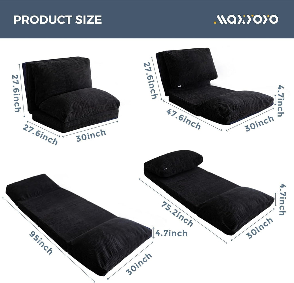 MAXYOYO Folding Sofa Bed, Extra Thick and Long Floor Sofa Convertible Sleeper Chair with Washable Cover, Floor Couch Lounge Bean Bag Bed for Living Room, Black, 30"x95"