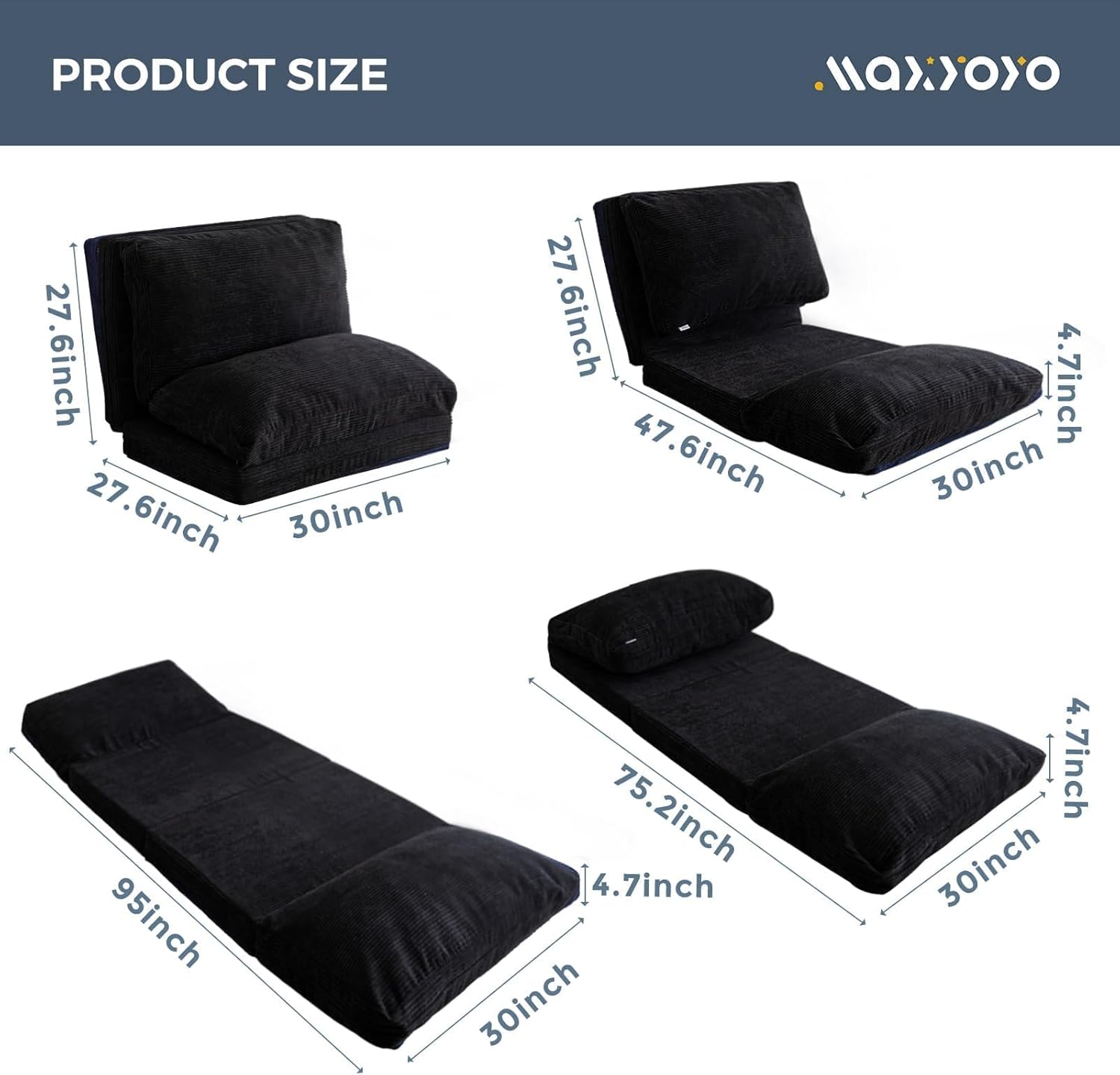MAXYOYO Folding Sofa Bed, Extra Thick and Long Floor Sofa Convertible Sleeper Chair with Washable Cover, Floor Couch Lounge Bean Bag Bed for Living Room, Black, 30"x95"