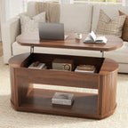 FABATO Oval Lift Top Coffee Table with Storage, Mid Century Modern Coffee Table for Living Room, 2 Tier Center Table with Lift-Top, 41.7" Fluted Wood Table for Reception Room, Home Office, Walnut