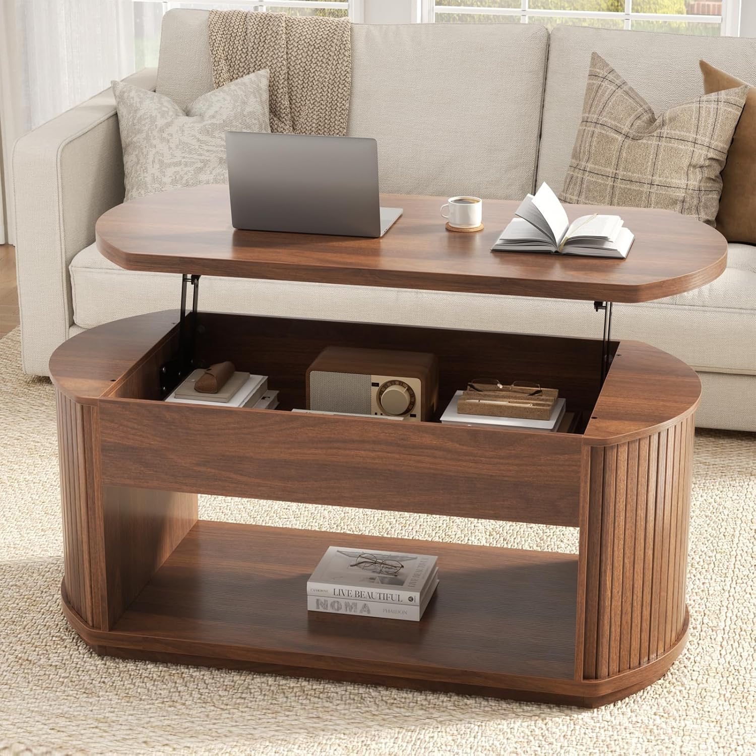 FABATO Oval Lift Top Coffee Table with Storage, Mid Century Modern Coffee Table for Living Room, 2 Tier Center Table with Lift-Top, 41.7" Fluted Wood Table for Reception Room, Home Office, Walnut