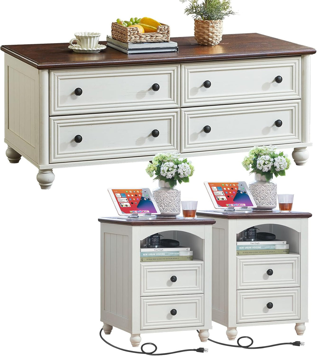 Farmhouse Coffee Table and Night Stand Set of 3,Wood 48" Center Table and 18'' Wide Nightstand with Charging Station,Coffee and End Tables 3-Piece Set for Home Living Room Hallway,White